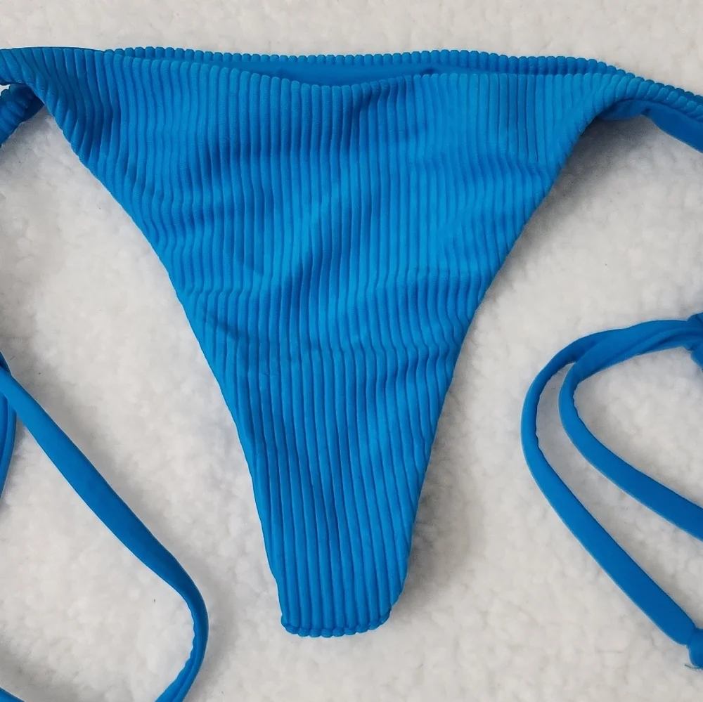New!Frankie's Bikinis Sky Ribbed Triangle‎ Bikini Bottom